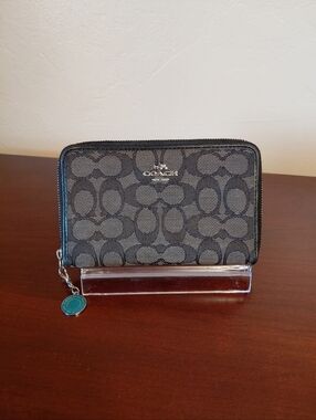 Coach Signature Jacquard Zip Around Wallet in Black Smoke